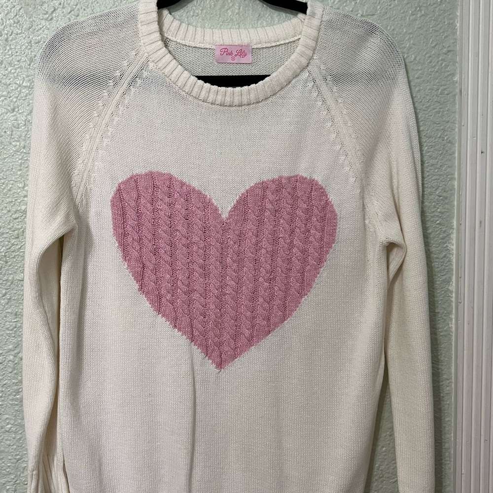 Pink Lily Women's Cream Sweater with Pink Heart
